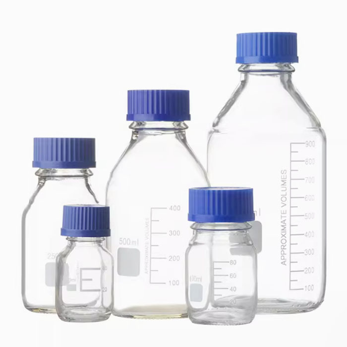     407 Neutral glass reagent bottle with blue cap and graduation