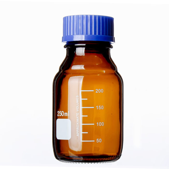     407-1 Amber glass reagent bottle with blue cap and graduation