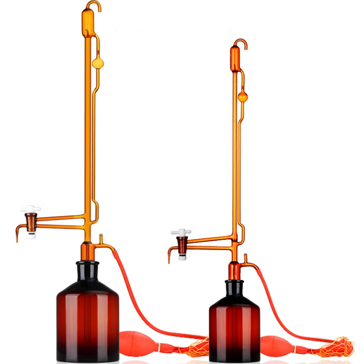     658 Automatic burette amber glass with ground-in glass stopper and pressure bulb